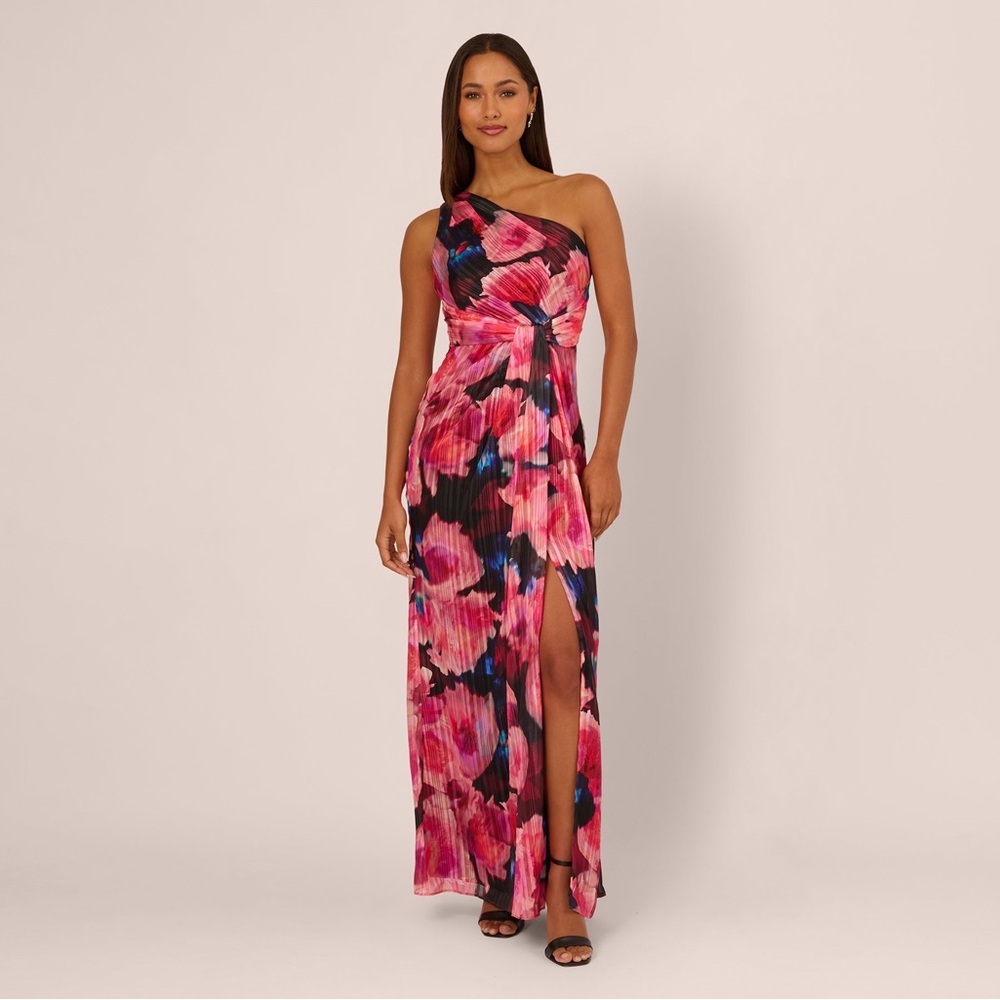Adrianna Papell One-Shoulder Floral Maxi Dress in Pink and Black - Picture 2 of 6